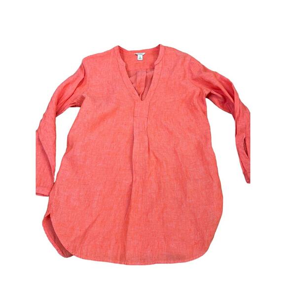 L.L. Bean Linen Tunic Top Orange Split V Neck Long Sleeve Hi Low 100% Linen XS - Picture 4 of 9
